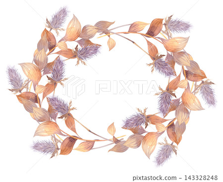 Watercolor wreath of dried leaves and thistle seed heads in muted mauve and warm ochre tones, circular botanical frame. Watercolor wreath of dried leaves and thistle seed heads in muted mauve and warm ochre tones, circular botanical frame. 143328248