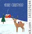 Reindeer with star lights on antlers and bird on back in winter landscape. Cozy house and Christmas tree in snowy night. Holiday greeting card illustration with seasonal atmosphere. 143329244