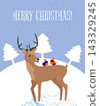 Reindeer and birds with christmas hat in snowy winter forest. Holiday greeting card with text. Cute animal character illustration for seasonal celebration and wintertime background. 143329245