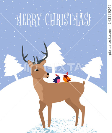 Reindeer and birds with christmas hat in snowy winter forest. Holiday greeting card with text. Cute animal character illustration for seasonal celebration and wintertime background. Reindeer and birds with christmas hat in snowy winter forest. Holiday greeting card with text. Cute animal character illustration for seasonal celebration and wintertime background. 143329245