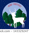 White reindeer silhouette in snowy forest with fir tree. Merry Christmas holiday greeting card element. Winter season nature scene with falling snow. Festive vector illustration design. 143329247
