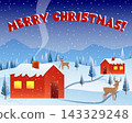 Merry Christmas greeting card with snow covered red house and reindeer in winter landscape. Holiday season background with snowfall, forest and rustic cottage for festive invitation design. 143329248