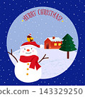 Snowman wearing red hat and scarf with bird standing in winter landscape. Cozy house and tree in background. Merry Christmas greeting card graphic for holiday celebration design. 143329250