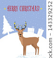Reindeer with star lights on antlers in snowy landscape. Merry Christmas greeting card illustration with pine tree and gift box in background. Holiday winter season celebration. 143329252