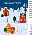 Winter village landscape with decorated houses and snowman. Merry Christmas holiday greeting card illustration. Cozy residential scene with falling snow for seasonal winter design. 143329253