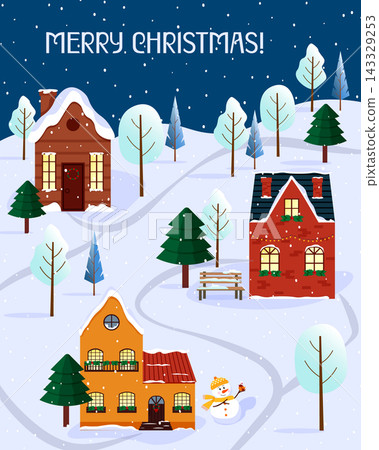 Winter village landscape with decorated houses and snowman. Merry Christmas holiday greeting card illustration. Cozy residential scene with falling snow for seasonal winter design. Winter village landscape with decorated houses and snowman. Merry Christmas holiday greeting card illustration. Cozy residential scene with falling snow for seasonal winter design. 143329253