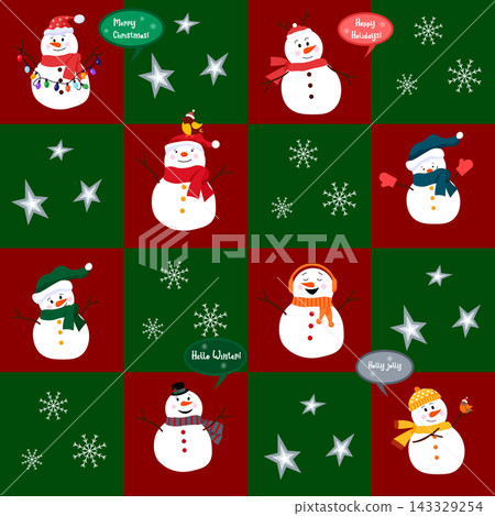 Set of cute snowmen collection with festive winter decorations. Pattern of funny characters for Christmas holiday greeting card. Graphical illustration for seasonal design project. Set of cute snowmen collection with festive winter decorations. Pattern of funny characters for Christmas holiday greeting card. Graphical illustration for seasonal design project. 143329254