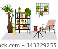 House plants on wooden shelf with chair and table. Interior design with green botanical decor in room. Cozy space for hobby and urban gardening lifestyle in living home environment. 143329255