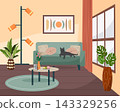 Black cat sleeping on green sofa in modern cozy living room interior. Apartment with houseplant, floor lamp, coffee table and large window. Flat style vector illustration for home design. 143329256