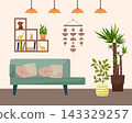 Modern living room interior with green sofa and houseplant. Minimalist apartment design with wall shelf, hanging decor and lighting. Cozy home furniture setup for lifestyle concept. 143329257