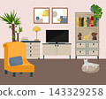 Living room interior with television, bookshelf and armchair. Cozy apartment lounge area featuring house plant and sleeping cat on cushion. Home design, relaxation and lifestyle concept. 143329258