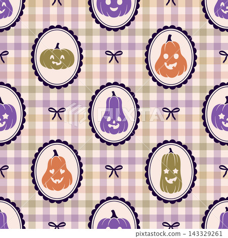 Seamless Halloween pumpkins pattern. Vector repeating background with jack o lantern frames on plaid gingham backdrop. Seamless Halloween pumpkins pattern. Vector repeating background with jack o lantern frames on plaid gingham backdrop. 143329261