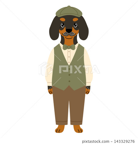 Dog character in cap and vest. Vector cartoon grandfather dog isolated on white background. Dog character in cap and vest. Vector cartoon grandfather dog isolated on white background. 143329276