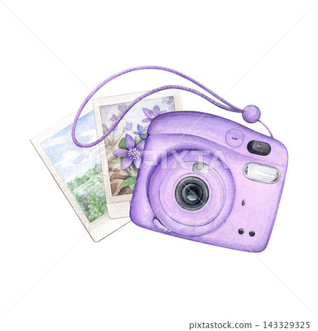 Lavender instant camera with floral photos, hand-painted watercolor illustration isolated on white. Ideal for photography, scrapbooking, stationery, photo albums and creative projects 143329325