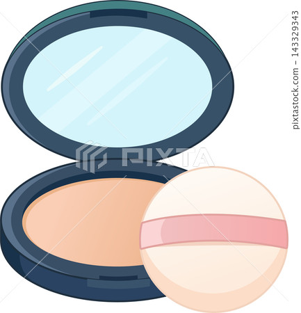 Illustration of an open dark blue face powder compact with an accompanying powder puff. The top lid is flipped open to reveal a light blue, oval-shaped mirror with subtle white reflection lines. Illustration of an open dark blue face powder compact with an accompanying powder puff. The top lid is flipped open to reveal a light blue, oval-shaped mirror with subtle white reflection lines. 143329343