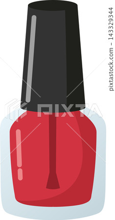 Illustration of a closed glass bottle of red nail polish standing vertically, filled with vibrant red enamel lacquer, complete with soft pinkish-red shine highlights on the left side. 143329344