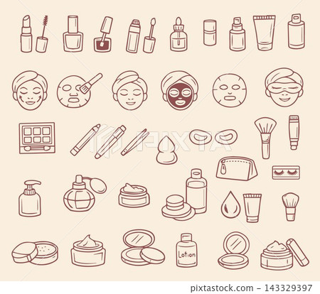 Vector illustration of a beauty and skincare icon set featuring makeup tools, skincare products, and facial treatments. Vector illustration of a beauty and skincare icon set featuring makeup tools, skincare products, and facial treatments. 143329397
