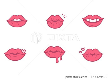 Set of vector illustrations featuring different lip expressions. Each illustration showcases a distinct mood using stylized lips with various emotions and accents. Set of vector illustrations featuring different lip expressions. Each illustration showcases a distinct mood using stylized lips with various emotions and accents. 143329409