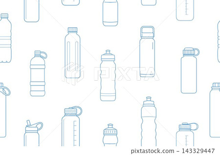 Seamless vector illustration with a repeating pattern of outlines of various water bottles. The bottles are hand-drawn with blue outlines on a white background. 143329447