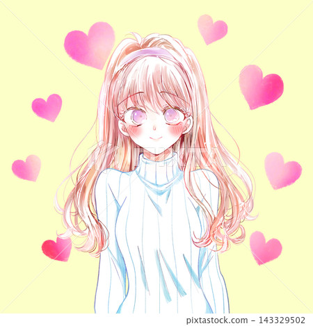 A woman in love, wearing winter clothes, with a heart symbol. 143329502