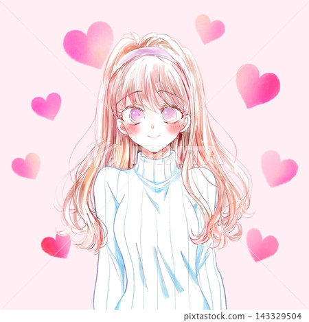 A woman in love, wearing winter clothes, with a heart symbol. A woman in love, wearing winter clothes, with a heart symbol. 143329504