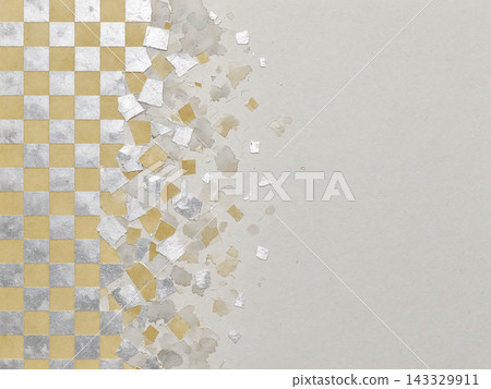 A background of platinum foil and a mustard-colored checkered pattern crumbling on gray Japanese paper. A background of platinum foil and a mustard-colored checkered pattern crumbling on gray Japanese paper. 143329911