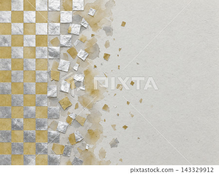 A background of platinum foil and a mustard-colored checkered pattern crumbling on gray Japanese paper. A background of platinum foil and a mustard-colored checkered pattern crumbling on gray Japanese paper. 143329912
