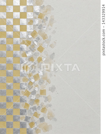 A background of platinum foil and a mustard-colored checkered pattern crumbling on gray Japanese paper. A background of platinum foil and a mustard-colored checkered pattern crumbling on gray Japanese paper. 143329914