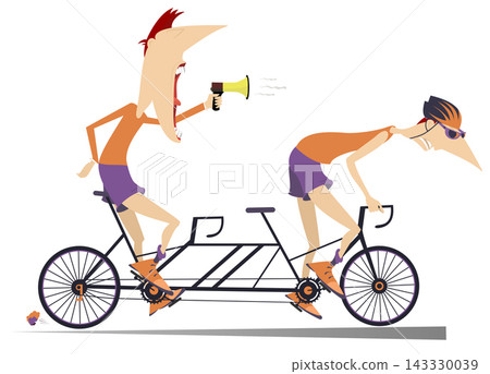 Cyclist and coach rides a tandem bike illustration. Strict trainer with megaphone and cyclist woman in helmet rides on the tandem bike isolated on white Cyclist and coach rides a tandem bike illustration. Strict trainer with megaphone and cyclist woman in helmet rides on the tandem bike isolated on white 143330039