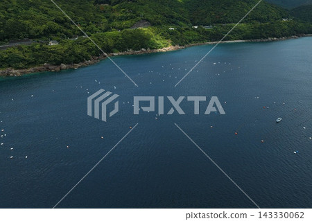 空拍照片捕捉了愛媛縣愛南町的水產養殖筏和海灣。 143330062