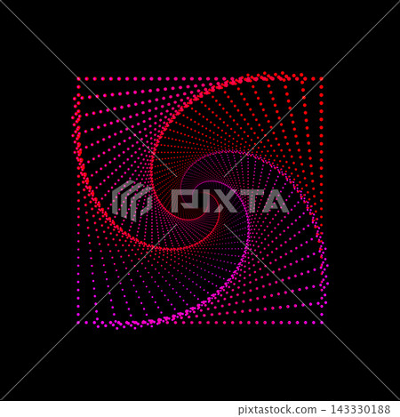 red pink dotted spiral vortex square on black background, squarish swirl pattern dots wireframe vector illustration 143330188
