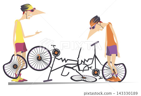Road accident, two cyclists and broken bikes illustration. Broken bikes and angry cyclist holds a broken wheel and scolds the sad cyclist with hang his head isolated illustration Road accident, two cyclists and broken bikes illustration. Broken bikes and angry cyclist holds a broken wheel and scolds the sad cyclist with hang his head isolated illustration 143330189