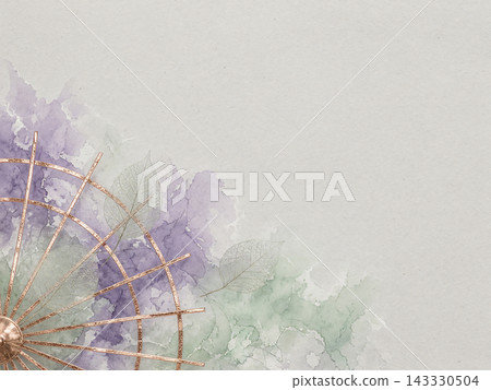 左下角的背景是一把銅色的日本傘的傘框、半透明的葉脈和紫色的水彩畫。 左下角的背景是一把銅色的日本傘的傘框、半透明的葉脈和紫色的水彩畫。 143330504