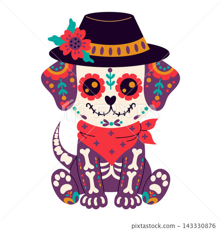 Day of the Dead. Cute Sugar Skull Dog Wearing Hat with Flower and decorated Bone, Skeleton. Adorable Puppy with Mexican elements Dia de Los Muertos, Halloween and Fiesta Design. Vector Illustration. 143330876