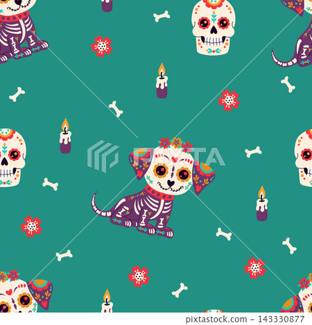 Day of the Dead Seamless Pattern. Sugar Dog with Flower and decorated Bone, Skeleton on Emerald Green Background with Mexican Skull and Candle. Puppy Dia de Los Muertos, Halloween. Vector Illustration Day of the Dead Seamless Pattern. Sugar Dog with Flower and decorated Bone, Skeleton on Emerald Green Background with Mexican Skull and Candle. Puppy Dia de Los Muertos, Halloween. Vector Illustration 143330877