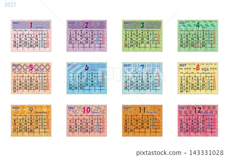 2027年星期一開始的水彩風格桌曆（日式圖案） 143331028