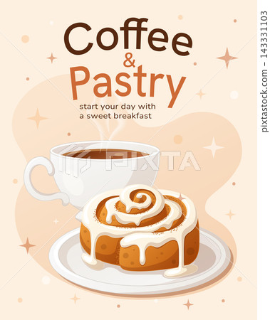 Coffee and pastry breakfast poster with a steaming cup and glazed Coffee and pastry breakfast poster with a steaming cup and glazed 143331103