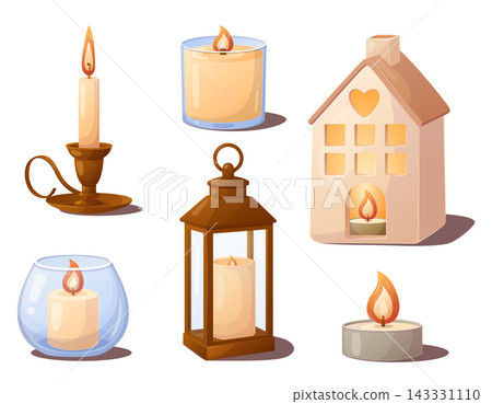 Set of six decorative candle holders with burning candles in glass, 143331110