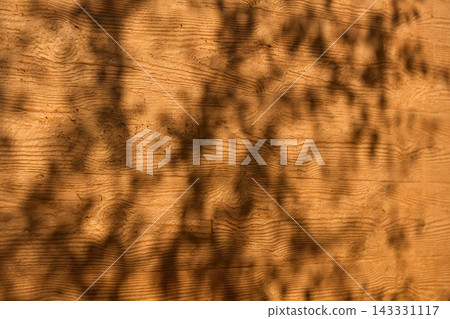 Tree Leaf Shadows on Warm Wooden Plank Surface Texture 143331117
