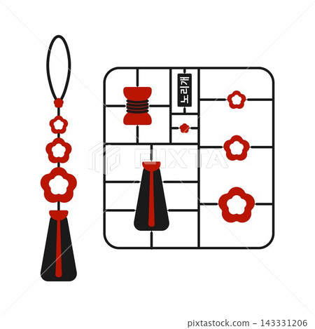 Traditional Korean norigae ornament with red and black tassels, floral motifs and lattice frame in a minimal flat illustration inspired by Korean heritage and hanbok accessories. Traditional Korean norigae ornament with red and black tassels, floral motifs and lattice frame in a minimal flat illustration inspired by Korean heritage and hanbok accessories. 143331206