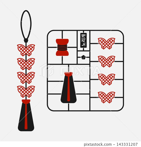 Korean norigae ornament with red and black tassel, repeating decorative knots and geometric lattice frame in a minimal flat illustration inspired by traditional Korean culture. 143331207