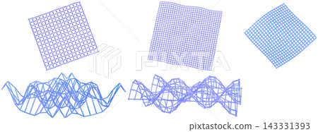 A collection of blue and violet abstract wave lattices and grid shapes in a clean digital design style. 143331393