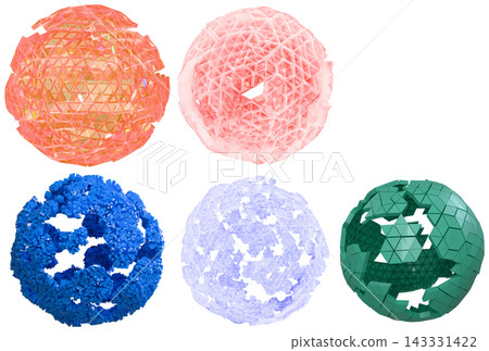 A set of colorful cracked geometric spheres rendered as abstract 3D design elements. A set of colorful cracked geometric spheres rendered as abstract 3D design elements. 143331422