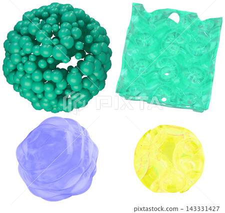 A colorful assortment of abstract 3D geometric forms in glossy, translucent materials and varied shapes. 143331427