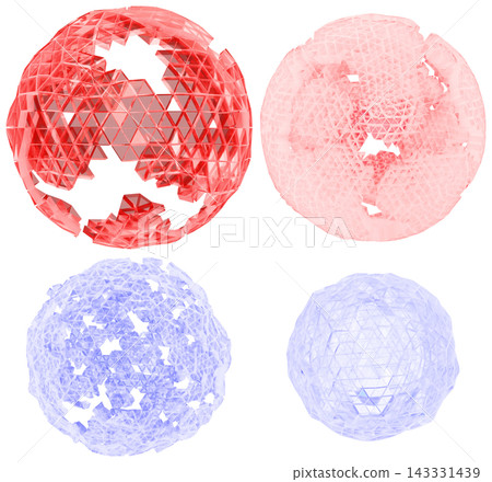 A set of translucent cracked geometric spheres in red, pink, and blue tones with faceted 3d design. A set of translucent cracked geometric spheres in red, pink, and blue tones with faceted 3d design. 143331439