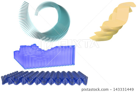 A set of abstract 3D geometric design elements in pastel blue, purple, and gold with layered, woven, and wave-like forms. A set of abstract 3D geometric design elements in pastel blue, purple, and gold with layered, woven, and wave-like forms. 143331449