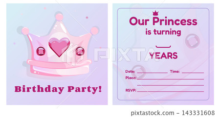 Princess birthday party invitation card template with crown, pink hearts and sparkling stars in pastel colors for birthday invitation. Princess birthday party invitation card template with crown, pink hearts and sparkling stars in pastel colors for birthday invitation. 143331608