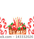 Chocolate berry cake, watercolor illustration, strawberries, blackcurrants, mint sprigs. 143332026