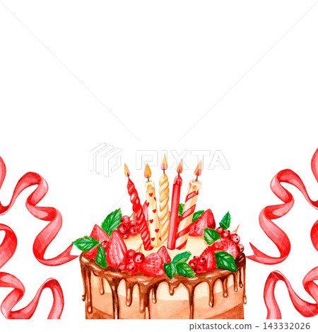 Chocolate berry cake, watercolor illustration, strawberries, blackcurrants, mint sprigs. Chocolate berry cake, watercolor illustration, strawberries, blackcurrants, mint sprigs. 143332026