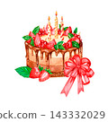 Chocolate berry cake, watercolor illustration, strawberries, blackcurrants, mint sprigs. 143332029